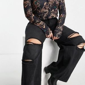 Missguided Plus Ripped Wide Leg Jeans in Black Size 14
